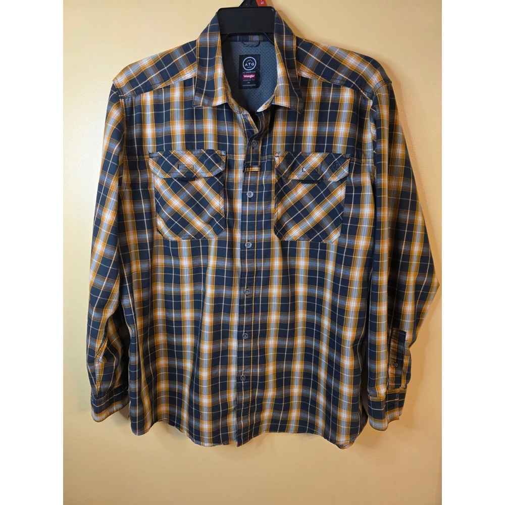 Wrangler ATG Mens XL Plaid Long Sleeve Button Down Shirt Blue Yellow 112326512